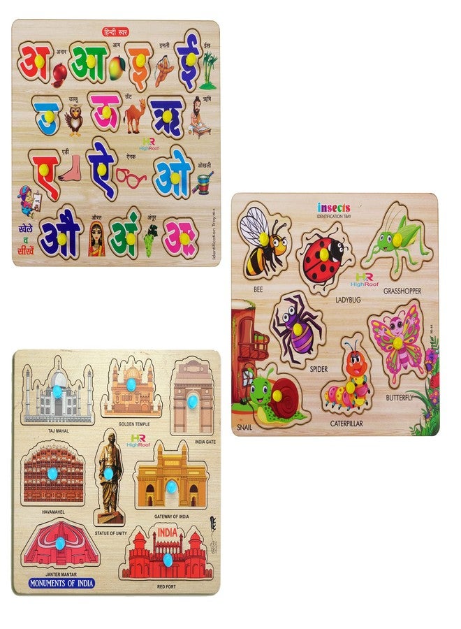HIGHROOF® Kids Fort Pre Nursery Educational Jigsaw Puzzles for Adults Kids Learning Toys Kit Board Game 3 pcs Set of Hindi Letters Insects & Monuments of India Educational Toy - Image 1